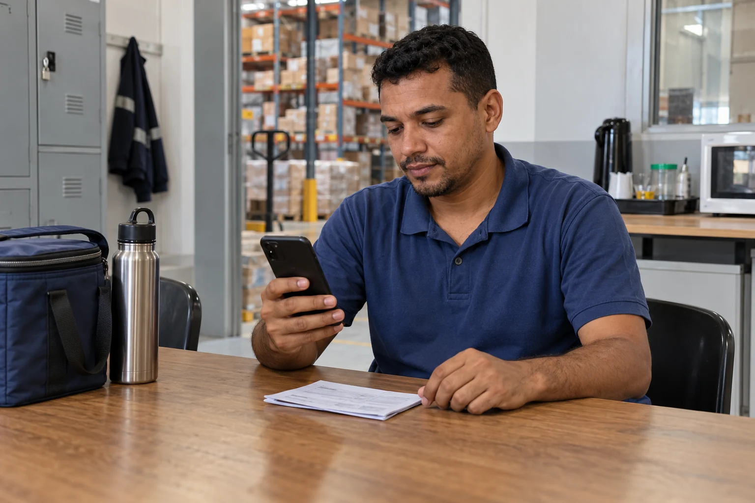 Trabalhador consultando o celular durante uma pausa no trabalho